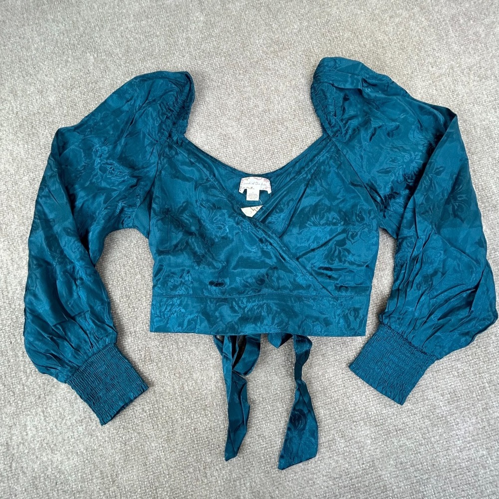 Band of the Free Crossover Crop Top Women Large Deep Teal Smocked Cuffs Back Tie